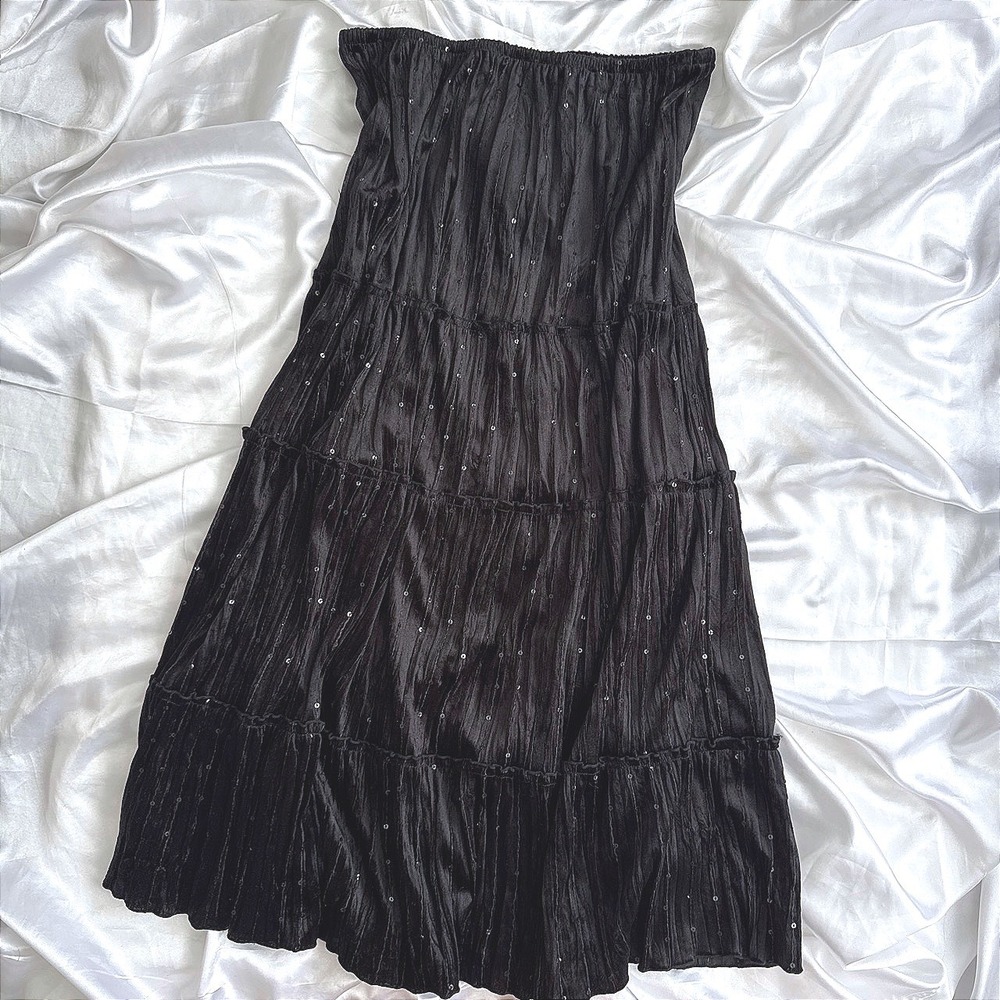 Central Park Black Sequin Tiered Midi Skirt Crushed Velvet Style Large